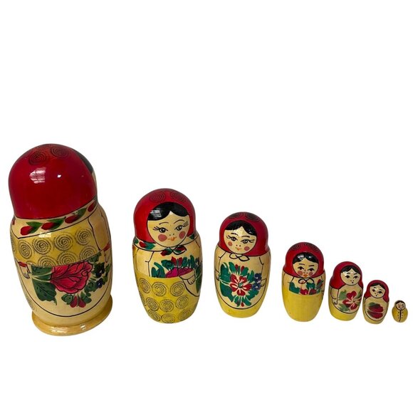 Vintage Russian Matryoshka Nesting Dolls Set Of 7 Hand-Painted Wooden Babushka D - Picture 1 of 16